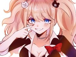 Rule 34 | 1girl, bead necklace, beads, bear hair ornament, black shirt, blonde hair, blue eyes, bow, breasts, cleavage, closed mouth, collarbone, danganronpa: trigger happy havoc, danganronpa (series), enoshima junko, fingernails, grin, hair ornament, hand up, highres, jewelry, large breasts, long hair, medium breasts, necklace, neiro (re neiro22), red bow, sharp fingernails, shirt, simple background, smile, solo, teeth, twintails, upper body
