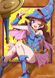 Rule 34 | 1girl, ;d, absurdres, amanogawa kirara, armpits, blue footwear, blush, boots, breasts, brown hair, capelet, cosplay, dark magician girl, dark magician girl (cosplay), go! princess precure, highres, index finger raised, long hair, looking at viewer, medium breasts, miniskirt, nita (onakatohoppe), one eye closed, open mouth, pink capelet, pink skirt, pleated skirt, precure, purple eyes, sitting, skirt, sleeveless, smile, solo, staff, twitter username, very long hair, yu-gi-oh!