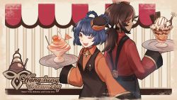 Rule 34 | 2girls, alternate costume, blue hair, brown hair, employee uniform, english text, food, genshin impact, hat, highres, holding, holding tray, ice cream, long sleeves, looking at viewer, multiple girls, open mouth, orange shirt, ponytail, red shirt, rktsm, shirt, smile, thick eyebrows, tray, uniform, vest, xiangling (genshin impact), xinyan (genshin impact), yellow eyes
