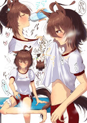Rule 34 | 1girl, absurdres, agnes tachyon (umamusume), ahoge, animal ears, barefoot, bench, blush, bottle, brown eyes, brown hair, chabo 24, check commentary, closed eyes, clothes lift, collar tug, commentary, commentary request, drink, drinking, dripping, hair between eyes, highres, holding, holding bottle, horse ears, horse girl, horse tail, long bangs, multiple views, navel, one eye closed, parted lips, ponytail, profile, shirt, shirt lift, short sleeves, shorts, simple background, sitting, socks, solo, sound effects, speech bubble, sportswear, spray can, steam, steaming body, stomach, sweat, t-shirt, tail, thought bubble, translation request, umamusume, unworn socks, very sweaty, water, water bottle, white background, wiping face, wiping sweat