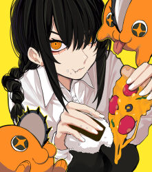 Rule 34 | 1girl, :3, black hair, black pants, braid, braided ponytail, chainsaw, chainsaw man, food, food in mouth, food on face, hair over one eye, hair over shoulder, highres, holding, holding food, holding pizza, looking at viewer, medium hair, nayuta (chainsaw man), onigiri, orange eyes, pants, pizza, pochita (chainsaw man), ringed eyes, sailen0, shirt, sidelocks, simple background, tongue, tongue out, wavy mouth, white shirt, yellow background