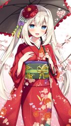 Rule 34 | 1girl, bad id, bad pixiv id, blue eyes, blush, branch, commentary request, fate/grand order, fate (series), flat chest, floral print, flower, frilled umbrella, frills, gradient background, hair flower, hair ornament, holding, holding umbrella, japanese clothes, kimono, long hair, looking at viewer, marie antoinette (fate), new year, open mouth, petals, print kimono, red kimono, sash, silver hair, smile, solo, standing, sumisaki yuzuna, twintails, umbrella, very long hair, wide sleeves