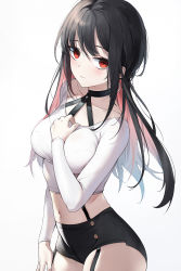 Rule 34 | 1girl, black choker, black hair, black shorts, breasts, choker, closed mouth, colored inner hair, cowboy shot, crop top, emyo, garter straps, hand on own chest, highres, large breasts, long hair, long sleeves, looking at viewer, micro shorts, midriff, multicolored hair, navel, original, red eyes, shirt, shorts, sidelocks, simple background, solo, stomach, thighs, white background, white shirt