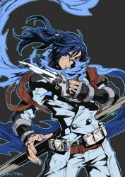 Rule 34 | 1boy, blue eyes, blue hair, indesign, long hair, male focus, manly, matching hair/eyes, ponytail, scarf, solo, strider (video game), strider hien, weapon