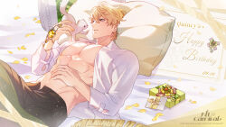 Rule 34 | 1boy, bags under eyes, birthday card, blonde hair, box, collared shirt, ermine, ferret, gift, gift box, happy birthday, highres, large pectorals, letter, long sleeves, looking at another, lying, male focus, muscular, muscular male, nu carnival, official art, on back, on bed, open clothes, open shirt, orange eyes, pectorals, pillow, quincy (nu carnival), shirt, short hair, topper (nu carnival), wax seal, weasel, white shirt, yellow gemstone, yellow petals