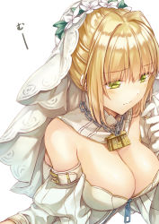 Rule 34 | 10s, 1girl, 3:, blonde hair, blush, breasts, chain, closed mouth, detached sleeves, fate/extra, fate/extra ccc, fate/grand order, fate (series), gloves, green eyes, hair intakes, hand up, highres, large breasts, leotard, lock, nero claudius (bride) (fate), nero claudius (bride) (second ascension) (fate), nero claudius (fate), nero claudius (fate) (all), saijou haruki, sidelocks, simple background, solo, upper body, veil, white background, white gloves, white leotard, zipper