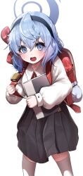 Rule 34 | 1girl, absurdres, aged down, ako (blue archive), backpack, bag, blue archive, blue eyes, blue hair, blush, book, brown skirt, doyoon 7, halo, highres, holding, holding book, long sleeves, looking at viewer, pleated skirt, randoseru, red bag, shirt, skirt, solo, sweatdrop, white shirt
