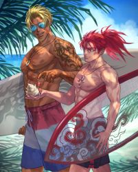 Rule 34 | 2boys, abs, bara, beowulf (fate), blonde hair, commentary request, facial hair, fate/grand order, fate (series), goatee, highres, holding, koha-ace, large pectorals, li shuwen (fate), li shuwen (young) (fate), long hair, male focus, multiple boys, muscular, muscular male, nipples, pectorals, ponytail, red hair, renga2250, scar, short hair, smile, tattoo, topless male