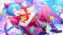 Rule 34 | 1girl, :d, absurdres, animal ears, blue hair, bow, bowtie, box, cat ears, cat girl, cat tail, character name, closed eyes, dogdogwanwan, floating hair, gift, gift box, hair between eyes, hatsune miku, highres, long hair, mixed-language commentary, open mouth, pink thighhighs, project sekai, red bow, red bowtie, short sleeves, smile, solo, tail, thighhighs, twintails, very long hair, vocaloid, wonderlands x showtime (project sekai), wonderlands x showtime miku, zettai ryouiki