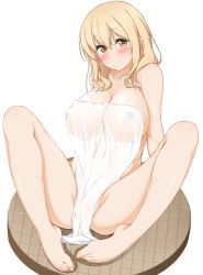 Rule 34 | 10s, 1girl, barefoot, blonde hair, blush, breasts, cleavage, covered erect nipples, covering crotch, covering privates, feet, hinata masaki, large breasts, long hair, looking at viewer, naked towel, nude, nude cover, partially visible vulva, simple background, sitting, smile, solo, spread legs, sunohara ayaka, sunoharasou no kanrinin-san, towel, white background, yellow eyes