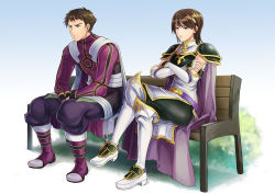 Rule 34 | 1boy, 1girl, akuru (akr369akr), armor, bench, boots, breastplate, brown hair, cape, character request, commission, crossed arms, crossed legs, elbow gloves, fingerless gloves, fire emblem, fire emblem: path of radiance, gloves, headband, nintendo, pegasus knight uniform (fire emblem), short hair, shoulder armor, sitting, skeb commission, tanith (fire emblem), thigh boots