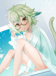 Rule 34 | 1girl, animal ears, blush, bottomless, breasts, cat ears, cat tail, collarbone, genshin impact, glasses, green hair, highres, indoors, long sleeves, looking at viewer, multicolored hair, naked shirt, no panties, open mouth, orange eyes, ridario (eag0003), semi-rimless eyewear, shirt, short hair, sitting, sitting on table, small breasts, solo, streaked hair, sucrose (genshin impact), tail, thighs, white shirt, window