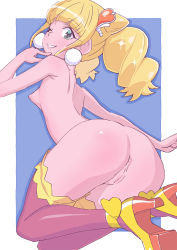 Rule 34 | 1girl, anus, ass, black thighhighs, blue background, blunt bangs, cleft of venus, closed mouth, commentary, cure sparkle, earrings, finger to face, floating, from behind, hair ornament, healin&#039; good precure, high heels, highres, hiramitsu hinata, jewelry, legs up, looking at viewer, looking back, magical girl, medium hair, miyagoe yoshitsuki, nude, one eye closed, outside border, precure, pussy, sidelocks, smile, solo, thighhighs, twintails, yellow footwear