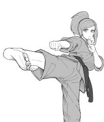 1girl absurdres barefoot belt black_belt clenched_hand cowboy_shot dougi feet fighting_stance foot_focus greyscale highres kicking kokoro_no_koibito monochrome original ponytail sketch soles solo sparkling_eyes taekwondo toenails white_background wiggling_toes