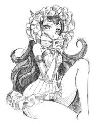 Rule 34 | 10s, 1girl, abyssal ship, bare shoulders, bbb (friskuser), black hair, blush, bonnet, curvy, detached sleeves, dress, gothic lolita, greyscale, highres, horns, isolated island oni, kantai collection, lolita fashion, long hair, long sleeves, looking at viewer, md5 mismatch, monochrome, open mouth, pantyhose, ribbed sweater, ribbon, simple background, sitting, skirt, solo, sweater, very long hair, white background