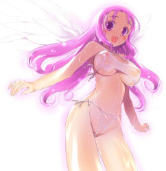 Rule 34 | 1girl, angel wings, bad id, bad pixiv id, bikini, blush, breasts, chunsoft, covered erect nipples, dragon quest, dragon quest iv, enix, hima, large breasts, long hair, looking at viewer, lucia (dq), navel, open mouth, pink bikini, pink eyes, pink hair, see-through, side-tie bikini bottom, smile, solo, swimsuit, wet, white background, wings