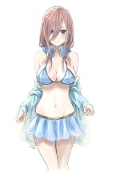 Rule 34 | 1girl, bare shoulders, bikini, bikini top only, blue eyes, blue sweater, blush, breasts, brown hair, cleavage, closed mouth, commentary request, go-toubun no hanayome, hair between eyes, headphones, headphones around neck, highres, large breasts, looking at viewer, medium hair, mitsugu, nakano miku, off shoulder, pleated skirt, skirt, smile, sweater, swimsuit, thighs, underboob