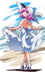 Rule 34 | 1girl, alternate costume, alternate headwear, bare shoulders, beach, blue sky, bracelet, cloud, day, dress, from behind, full body, hat, hat ribbon, high heels, highres, jewelry, light smile, looking at viewer, looking back, narusemi, outdoors, pink eyes, pink hair, ribbon, saigyouji yuyuko, sand, shoes, skirt hold, sky, sleeveless, solo, sun hat, sundress, touhou, water, white dress, white footwear, white ribbon