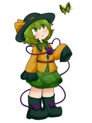 Rule 34 | 1girl, awestruck, blackbad, blush, boots, bug, butterfly, floppy sleeves, floral print, full body, green eyes, green hair, green skirt, hair between eyes, hat, heart, heart of string, highres, insect, komeiji koishi, looking up, open mouth, shirt, simple background, skirt, sleeves past fingers, sleeves past wrists, solo, standing, third eye, touhou, white background, yellow shirt