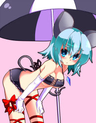 Rule 34 | 1girl, alternate costume, alternate eye color, alternate hair color, animal ears, aqua eyes, aqua hair, bent over, blush, breasts, cleavage, elbow gloves, female focus, gin (shioyude), gloves, leg ribbon, mouse ears, mouse tail, nazrin, pink background, race queen, ribbon, short hair, simple background, solo, tail, touhou, umbrella