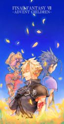 Rule 34 | 1girl, 2boys, aerith gainsborough, arm ribbon, armor, belt, black gloves, black hair, blonde hair, blue background, blue shirt, braid, braided ponytail, brown hair, closed eyes, cloud strife, colored eyelashes, cropped jacket, curly hair, earrings, facing away, falling petals, field, final fantasy, final fantasy vii, final fantasy vii advent children, flower, flower field, gloves, grey shirt, hair between eyes, hair ribbon, hair slicked back, hand on own chest, high collar, highres, jacket, jewelry, kunugi37, long hair, multiple boys, muscular, muscular male, open collar, parted bangs, petals, pink ribbon, red jacket, ribbon, shirt, short hair, short sleeves, shoulder armor, shoulder strap, sidelocks, single earring, sleeveless, sleeveless shirt, sleeveless turtleneck, smile, spiked hair, square enix, suspenders, turtleneck, upper body, wolf, yellow flower, zack fair