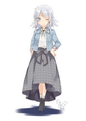 Rule 34 | 1girl, ;), alternate costume, black choker, blue eyes, blue jacket, blush, boots, casual, choker, commentary request, contemporary, grey footwear, grey skirt, hand on own hip, highres, izayoi sakuya, jacket, long sleeves, looking at viewer, no nose, one eye closed, open clothes, open jacket, plaid, plaid skirt, ribbon choker, shadow, shirt, short hair, signature, silver hair, simple background, skirt, smile, socks, solo, touhou, toutenkou, white background, white shirt, white socks