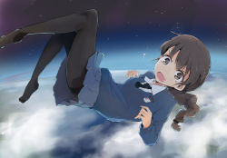 Rule 34 | 10s, 1girl, black necktie, black pantyhose, blouse, blue skirt, braid, braided ponytail, brown eyes, brown hair, commentary request, dress shirt, earth (planet), emblem, freefall, full body, girls und panzer, hair tie, long hair, long sleeves, looking at viewer, lying, miniskirt, necktie, no shoes, on back, open mouth, pantyhose, planet, pleated skirt, rukuriri (girls und panzer), saliva, scared, school uniform, shirt, shuiro (frog-16), single braid, skirt, sky, solo, space, st. gloriana&#039;s (emblem), star (sky), starry sky, sweater, tearing up, white shirt
