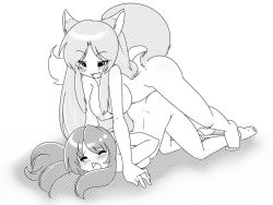 Rule 34 | 2girls, animal ears, arms behind back, artist request, bdsm, blush, bondage, bound, breasts, character request, closed eyes, completely nude, copyright request, doggystyle, fox ears, fox tail, futa with female, futanari, greyscale, implied futanari, long hair, medium breasts, monochrome, multiple girls, nipples, nude, open mouth, sex, sex from behind, simple background, small breasts, smile, source request, spazzykoneko, spreader bar, tail, top-down bottom-up, white background