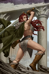 Rule 34 | 1girl, architecture, arm up, armor, belt, bikini armor, black belt, boots, brown footwear, brown gloves, cape, day, fur-trimmed cape, fur trim, gloves, greco-roman architecture, green cape, grey eyes, highres, holding, holding sword, holding weapon, long hair, outdoors, red hair, red sonja, red sonja (comics), solo, standing, sword, weapon, yoon junggeun