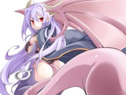 Rule 34 | 1girl, alma elma, ass, blue cloak, bmp-to-png conversion, breast tattoo, breasts, bridal gauntlets, cloak, closed mouth, demon girl, demon horns, demon wings, facial tattoo, frfr, from behind, game cg, grey horns, hair between eyes, horns, large breasts, long hair, looking at viewer, looking back, mon-musu quest!, monster girl, non-web source, pointy ears, prehensile tail, purple bridal gauntlets, purple hair, purple thighhighs, red eyes, sideboob, simple background, smile, solo, standing, tail, tattoo, thighhighs, transparent background, very long hair, wings