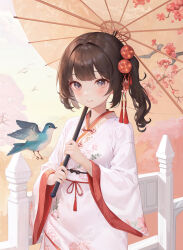 Rule 34 | 1girl, absurdres, bird, blue bird, blunt bangs, blush, breasts, brown eyes, brown hair, cherry blossoms, child, chinese clothes, cowboy shot, floral print, hair ornament, hanfu, highres, holding, holding umbrella, looking at viewer, medium hair, oil-paper umbrella, original, outdoors, robe, side ponytail, small breasts, tree, umbrella, xiaoxiaonianji shizhizhang