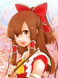 Rule 34 | 1girl, :d, ascot, bad id, bad pixiv id, brown eyes, brown hair, cherry blossoms, from side, gohei, hair ribbon, hair tubes, hakurei reimu, half updo, holding, long hair, open mouth, photo background, ribbon, shimako, smile, solo, touhou, upper body