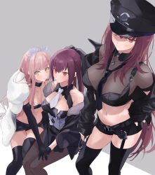 Rule 34 | 3girls, absurdres, alternate costume, ashita kura, belt, breasts, cleavage, coat, cuffs, dress, elbow gloves, expressionless, fate/grand order, fate (series), fur coat, fur trim, garter straps, gloves, grey background, handcuffs, hat, headpiece, highres, holding hands, jacket, jacket on shoulders, large breasts, leather, leather jacket, long hair, long sleeves, looking afar, looking at viewer, medb (fate), multiple girls, navel, necktie, pantyhose, peaked cap, ponytail, red eyes, scathach (fate), scathach skadi (fate), see-through, sitting, standing, strapless, thighhighs, tube top, yellow eyes, zipper
