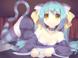 Rule 34 | 1girl, animal ears, aqua hair, bare shoulders, belt, bow, breasts, cat ears, cat tail, checkered floor, collar, collarbone, dress, foreshortening, fujishima cheshire, hair between eyes, hair bow, indoors, josephine (twin tail rabbit), large bow, long hair, long sleeves, lying, multicolored clothes, multicolored legwear, multicolored tail, on floor, on stomach, original, paw pose, shiny clothes, shiny skin, slit pupils, small breasts, solo, striped clothes, striped tail, striped thighhighs, table, tail, tareme, thighhighs, twintails, under table, wide sleeves, yellow bow, yellow eyes, zettai ryouiki