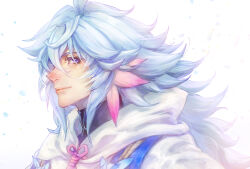 Rule 34 | 1boy, black shirt, blue hair, closed mouth, falling petals, fate/grand order, fate (series), hair between eyes, hair ornament, highres, hood, hood down, hooded robe, kin mokusei, light blue hair, light smile, long hair, looking at viewer, looking to the side, merlin (fate), petals, portrait, profile, purple eyes, robe, shirt, solo, turtleneck, turtleneck shirt, white background, white robe