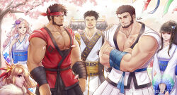 Rule 34 | 3boys, 3girls, absurdres, alternate costume, bandaged arm, bandages, bara, beard, brown hair, character request, check character, cherry blossoms, cross scar, crossed arms, dark-skinned male, dark skin, dougi, dungeon and fighter, facial hair, falling petals, feet out of frame, hanami, hand on another&#039;s shoulder, headband, highres, japanese clothes, kimono, kulolin, large pectorals, long hair, looking at viewer, male priest (dungeon and fighter), male priest (kulolin), mature male, midriff sarashi, multiple boys, multiple girls, muscular, muscular male, original, own hands together, pectoral cleavage, pectorals, petals, red eyes, red headband, sarashi, scar, scar on chest, short hair, sideburns, smile, tied sleeves, white kimono