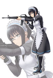 Rule 34 | 1girl, aiming, analogue: a hate story, anidante, apron, assault rifle, black hair, blue eyes, boots, commission, glasses, gun, highres, holding, holding gun, holding weapon, hyun-ae, m16, m16a1, maid, maid apron, maid headdress, ponytail, rifle, trigger, weapon