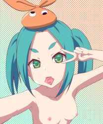 Rule 34 | 1girl, breasts, collarbone, completely nude, condom, condom in mouth, condom wrapper, expressionless, green eyes, green hair, konpetoorigami, matching hair/eyes, medium hair, monogatari (series), mouth hold, nipples, nude, ononoki yotsugi, orange headwear, petite, selfie, simple background, small breasts, solo, thick eyebrows, tsukimonogatari, twintails, two side up, upper body, v, v over eye