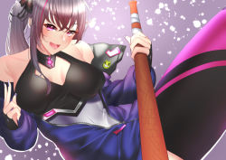 Rule 34 | 1girl, absurdres, azur lane, bare shoulders, baseball bat, black gloves, black thighhighs, blue nails, breasts, cleavage, fingerless gloves, gloves, grey hair, highres, jacket, large breasts, long hair, looking at viewer, miyuki (9029009), multicolored hair, nail polish, open mouth, partially unzipped, pink hair, purple eyes, purple jacket, san francisco (azur lane), simple background, solo, streaked hair, thighhighs, two-tone hair