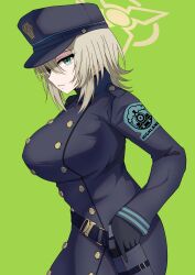 Rule 34 | 1girl, absurdres, black coat, black gloves, black hat, blue archive, breasts, buttons, coat, double-breasted, from side, gloves, green background, green eyes, hair between eyes, halo, hat, highres, large breasts, light brown hair, long sleeves, nuts (hazel-nuts), open mouth, peaked cap, profile, short hair, simple background, solo, suou (blue archive), yellow halo