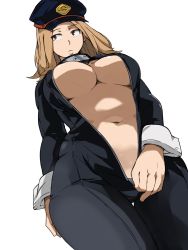 Rule 34 | 10s, 1girl, :&lt;, black bodysuit, blonde hair, bodysuit, boku no hero academia, breasts, brown hair, cafekun, choker, cowboy shot, half-closed eyes, hat, highres, large breasts, long sleeves, looking to the side, navel, no bra, open bodysuit, open clothes, simple background, solo, thigh gap, underboob, unzipped, utsushimi kemii, white background