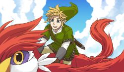 Rule 34 | 1boy, armor, bird, blonde hair, blue eyes, chainmail, cloud, day, gloves, link, loftwing, male focus, nintendo, otton, pointy ears, riding, sky, smile, the legend of zelda, the legend of zelda: skyward sword