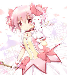 Rule 34 | 1girl, blush, bow, carousel, closed mouth, commentary request, ferris wheel, gloves, hair between eyes, hair bow, highres, holding, kaname madoka, kyubey, looking at viewer, magical girl, mahou shoujo madoka magica, mahou shoujo madoka magica (anime), nanase miori, on shoulder, pink hair, pleated skirt, puffy short sleeves, puffy sleeves, red bow, red eyes, short sleeves, skirt, smile, twintails, white gloves, white skirt