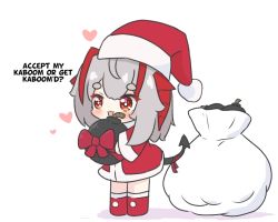 Rule 34 | 1girl, :3, arknights, bag, blush, bomb, brown eyes, chibi, commentary, dress, english text, explosive, full body, hat, heart, holding, holding bomb, horns, kurotofu, open mouth, red dress, red footwear, red hat, santa costume, santa hat, shoes, short hair, silver hair, simple background, solo, standing, tail, w (arknights), white background