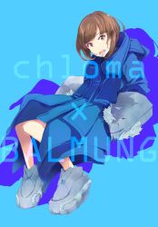 Rule 34 | 1girl, blue coat, blue eyes, blue theme, brown eyes, brown hair, character request, chloma, coat, commentary, drop shadow, fashion, gloves, grey footwear, grey gloves, hands in pockets, highres, long sleeves, looking at viewer, mask, mouth mask, open mouth, oversized gloves, oversized shoes, short hair, solo, surgical mask, swept bangs, teeth, upper teeth only, yoshito