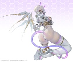 Rule 34 | 1girl, arm under breasts, ass, bodysuit, boots, breasts, cable, full body, gradient background, half-closed eyes, high heel boots, high heels, highres, honeycomb (pattern), honeycomb background, horns, kneeling, large breasts, looking at viewer, mechanical horns, mechanical tail, mechanical wings, original, pink eyes, respirator, shiny clothes, short hair, skin tight, skindentation, solo, suerte, tail, thigh boots, white hair, wings