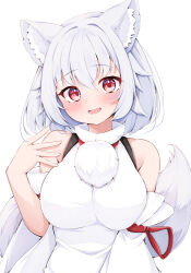 Rule 34 | 1girl, animal ear fluff, animal ears, bare shoulders, blush, breasts, commentary, detached sleeves, fang, grey hair, hair between eyes, hair flaps, impossible clothes, impossible shirt, inubashiri momiji, large breasts, looking at viewer, medium bangs, no headwear, open mouth, pom pom (clothes), red eyes, rururiaru, shirt, short hair, simple background, sleeveless, sleeveless shirt, smile, solo, tail, touhou, turtleneck, turtleneck shirt, upper body, white background, white hair, white shirt, white sleeves, wolf ears, wolf girl, wolf tail