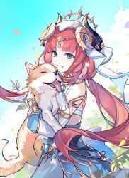 Rule 34 | 1girl, absurdres, animal, back tattoo, blue sky, circlet, crackingtaro, crop top, detached sleeves, dog, falling petals, floating hair, genshin impact, grin, harem outfit, highres, holding, holding animal, holding dog, horns, hug, long hair, long sleeves, nilou (genshin impact), petals, puffy long sleeves, puffy sleeves, skirt, sky, smile, solo, tattoo, twintails, vambraces, veil, vision (genshin impact)