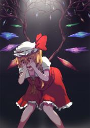 Rule 34 | 1girl, ascot, bad id, bad pixiv id, bent over, berabou, blonde hair, commentary request, covering own eyes, crazy eyes, darkness, dress, flandre scarlet, hat, hat ribbon, mob cap, open mouth, puffy short sleeves, puffy sleeves, red dress, red eyes, ribbon, shirt, short sleeves, side ponytail, solo, touhou, wings