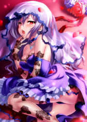 Rule 34 | 10s, 1girl, bare shoulders, elbow gloves, fishnets, gloves, highres, idolmaster, idolmaster cinderella girls, jewelry, kanzaki ranko, long hair, necklace, open mouth, petals, red eyes, silver hair, solo, veil, zen